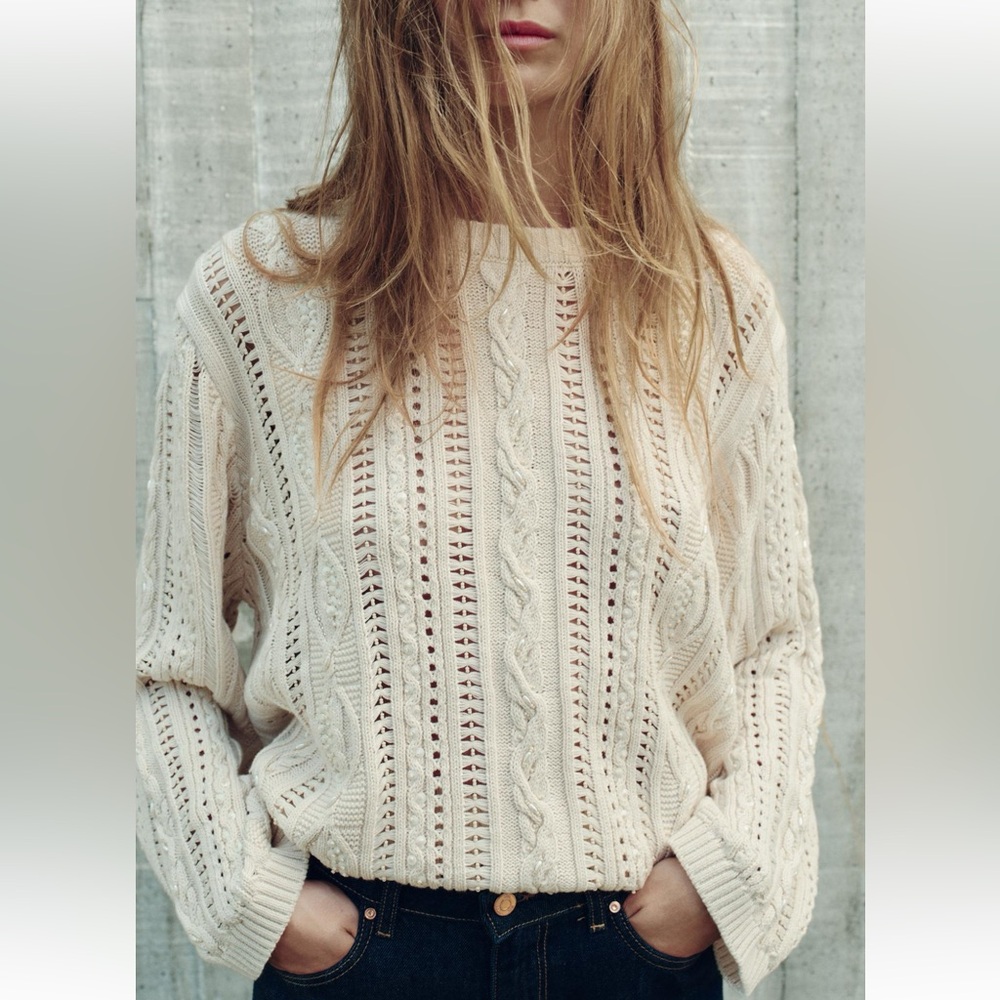 New ZARA Sequin Beaded Sweater In Ecru NWT Size S-M